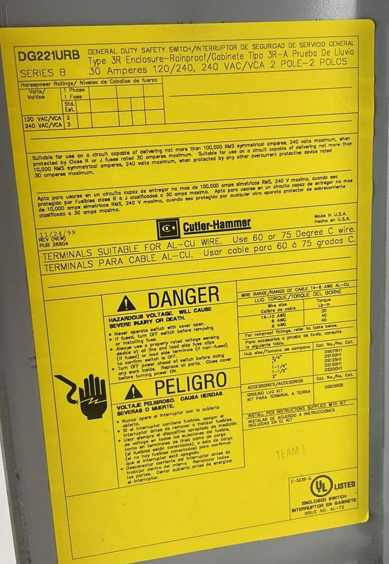 CUTLER HAMMER DG221URB SAFETY SWITCH SER.B TYPE3R 240VAC 2POLE