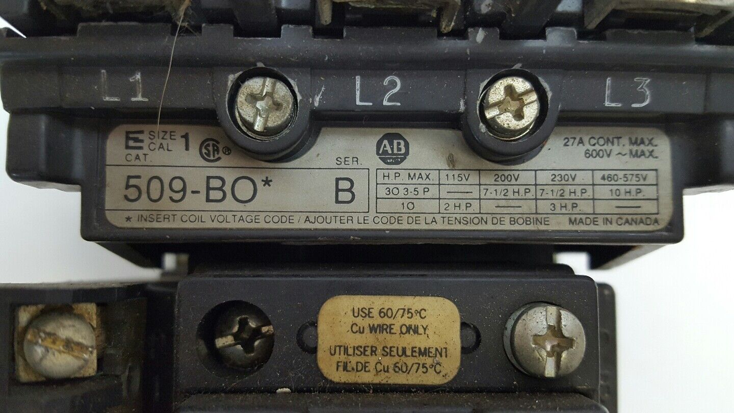 Allen-Bradley - NEMA Size 1, Cat.#509-BO, Series B Starter - 120 VAC Coil