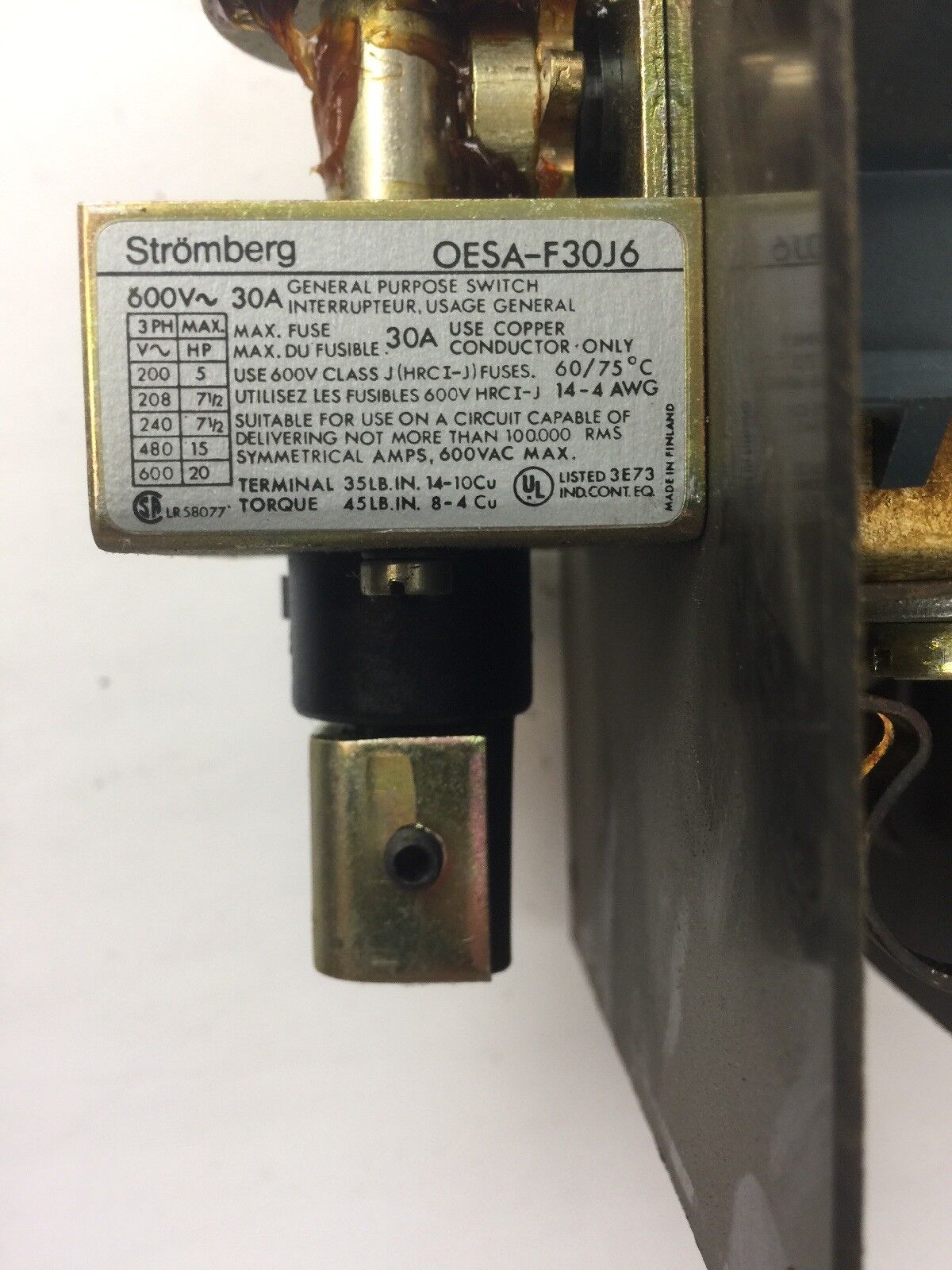 ABB OESA-F30J6 DISCONNECT FUSIBLE SWITCH 3 POLE 30 A 600 V