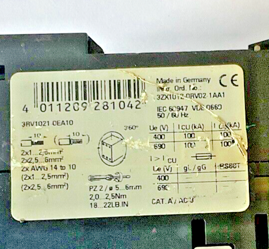 SIEMENS 3RV1021-0EA10 MOTOR CONTROL 4.8A 600V
