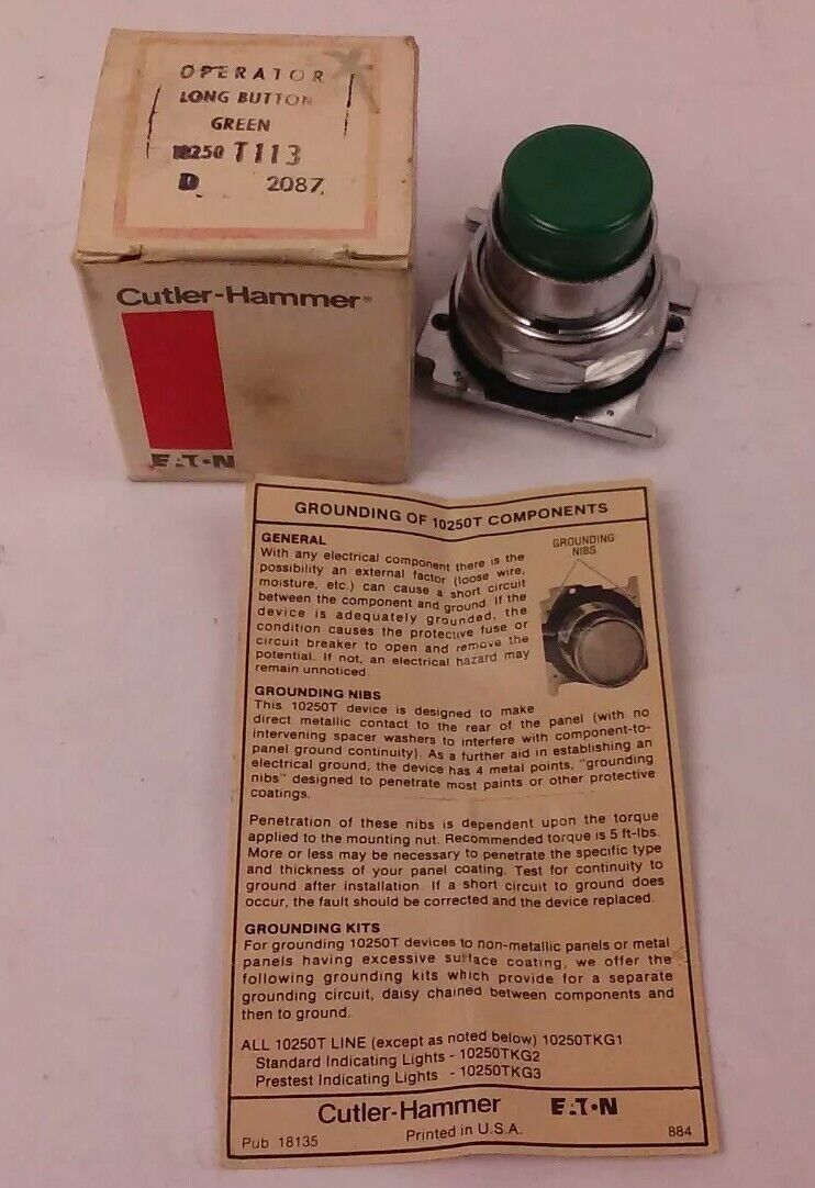 CUTLER HAMMER, 10250T115, 10250T,OPERATOR LONG BUTTON GREEN, NEW
