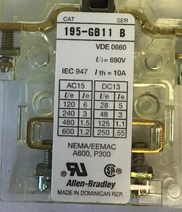 ALLEN BRADLEY 195-GB11 AUXILIARY SWITCH CONTACT SER.B