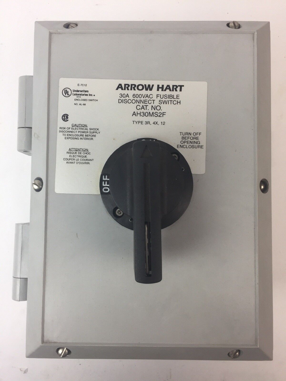 ARROW HART AH30MS2F DISCONNECT SWITCH 30A 600VAC FUSIBLE TYPE 3T,4X,12 ENCLOSED