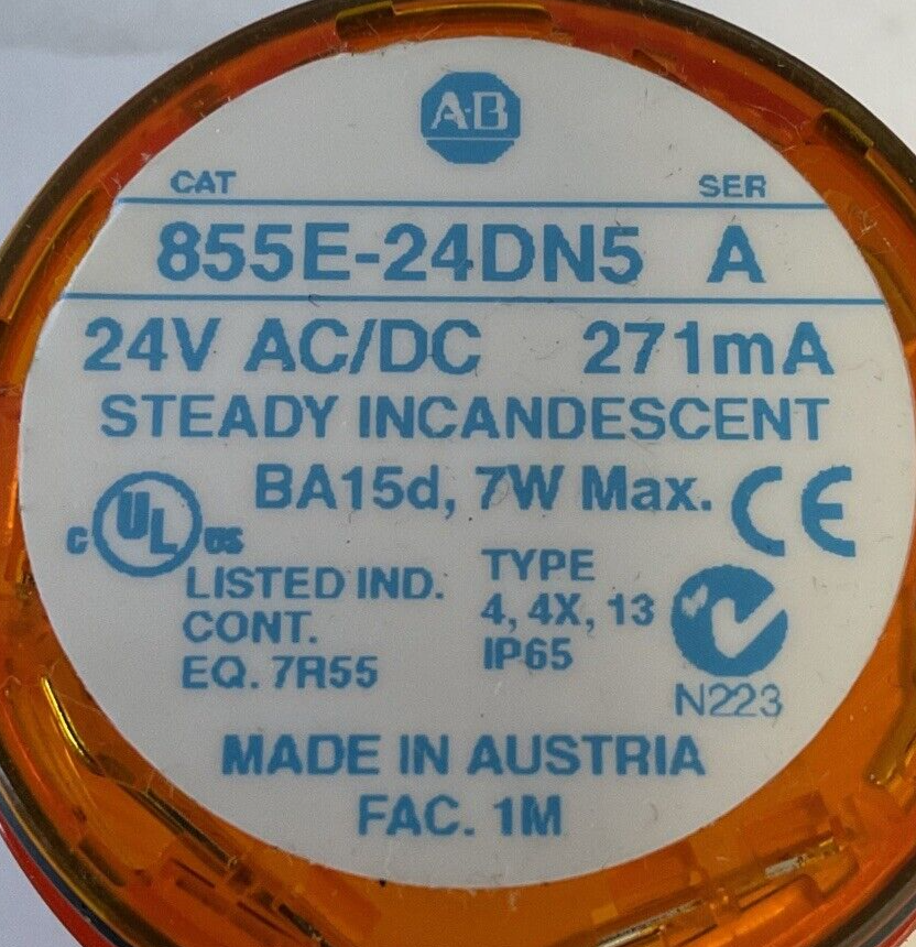 ALLEN BRADLEY 855E-24DN5 24VAC/DC SER.A STEADY INCANDESCENT 7W ***LOTOF6***
