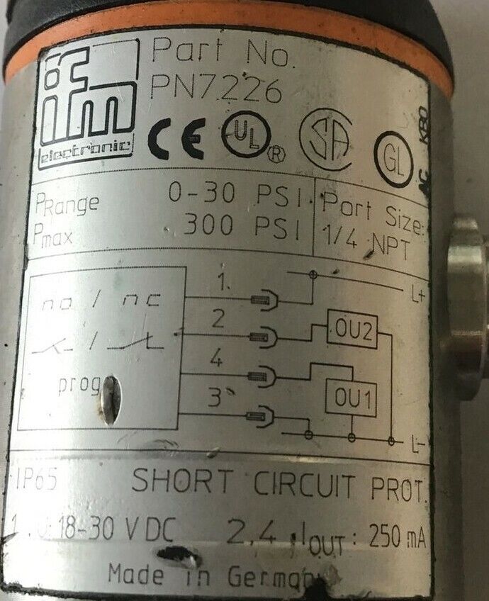 IFM PN7226 PRESSURE SENSOR 300PSI 1/4NPT 30VDC