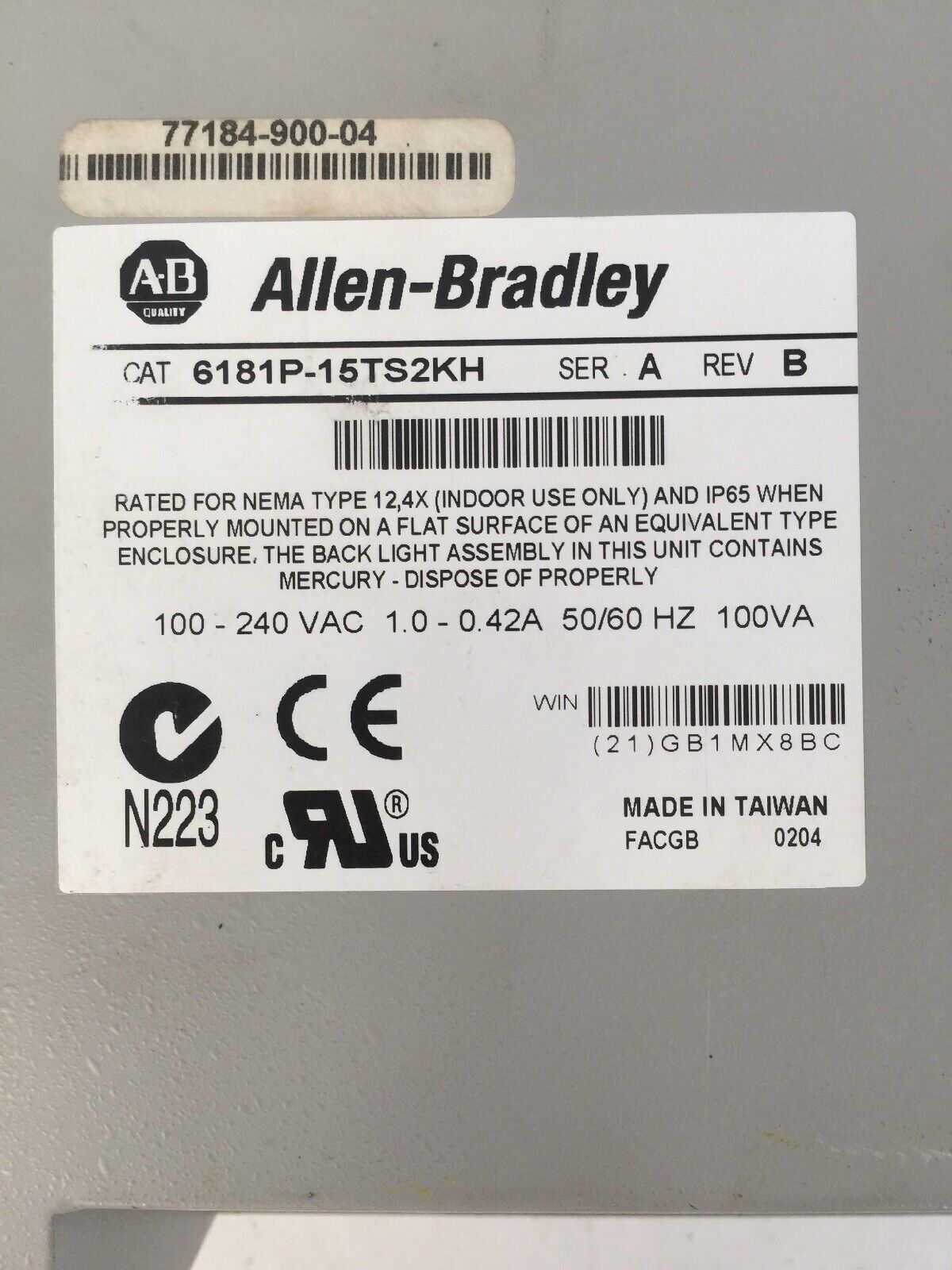 ALLEN BRADLEY 6181P-15TS2KH VERSAVIEW 1500P 100-240VAC 1.0-0.42A 50/60HZ 100VA