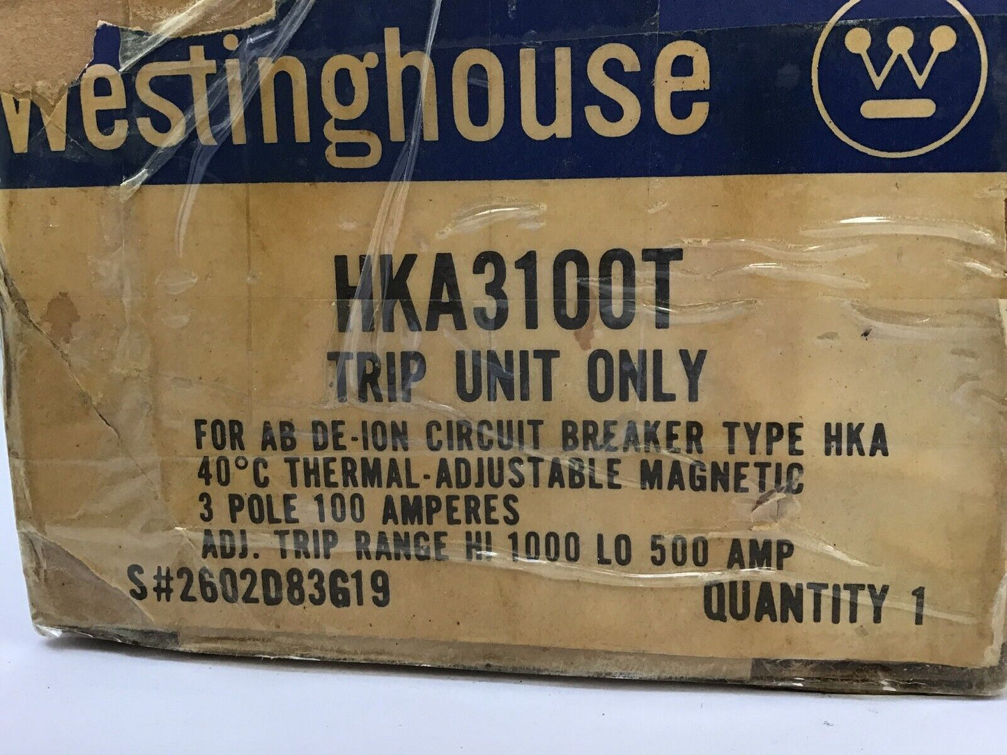 WESTINGHOUSE HKA3100T TRIP UNIT ONLY 3POLE 100 AMP