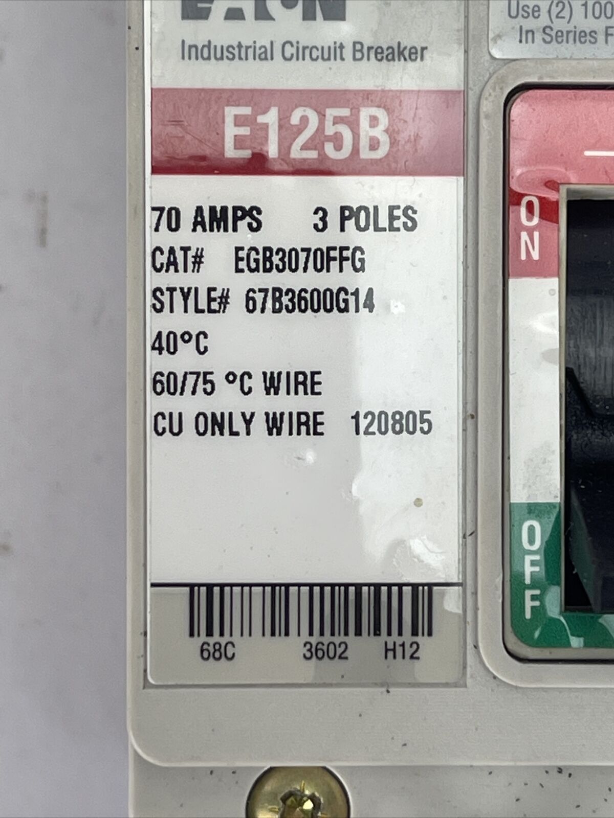EATON EGB3070FFG INDUSTRIAL CIRCUIT BREAKER 70AMP 3POLE 250VDC 480VAC 67B3600G14
