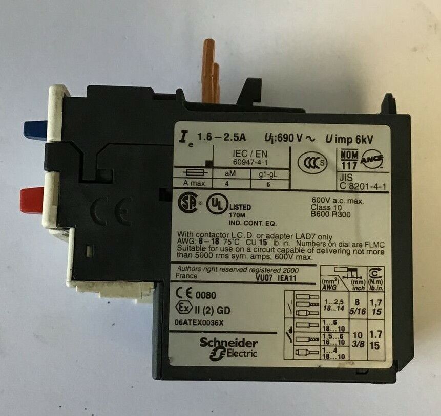 TELEMECANIQUE LRD 07 1.6-2.5A 690VAC 6KV CLASS 10 OVER LOAD RELAY