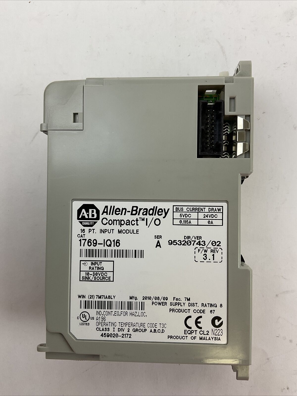 ALLEN BRADLEY 1769-IQ16 SER A F/W REV 3.1 DIR/VER 95320743/02 16PT INPUT MODULE
