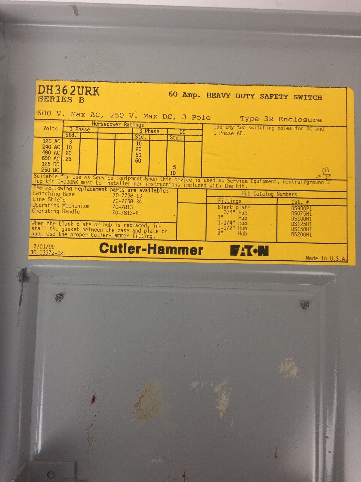 CUTLER HAMMER DH362URK HD SAFETY SWITCH 600VAC 250VDC 60AMP 3P TYPE 3R 60HP 3PH