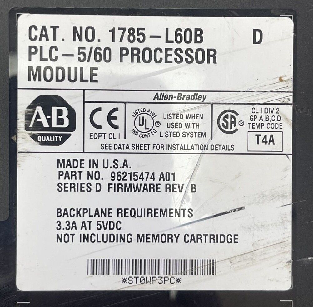 ALLEN BRADLEY 1785-L60B PLC 5/60 PROCESSOR MODULE SER D FIRMWARE REV B 5VDC 3.3A