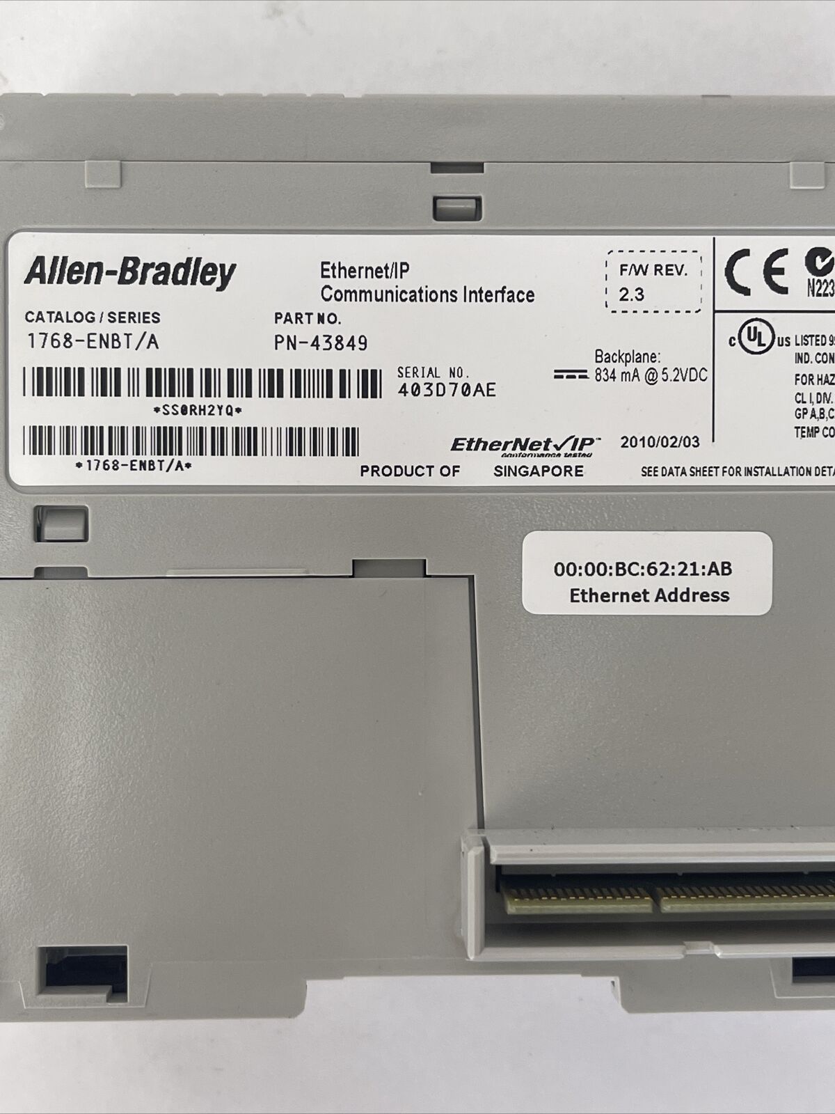 ALLEN BRADLEY 1768-ENBT ETHERNET/IP COMMUNICATIONS INTERFACE SER A F/W REV 2.3