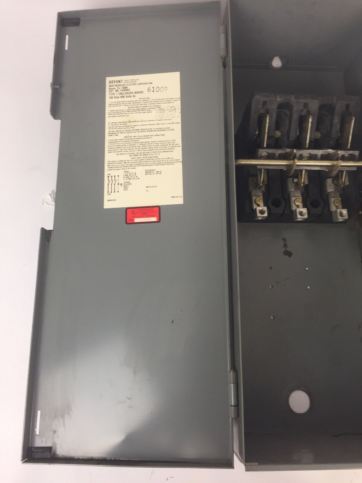 WESTINGHOUSE HUN363 HEAVY DUTY SAFETY SWITCH 100AMP 600VAC 75HP TYPE 1 ENCLOSURE