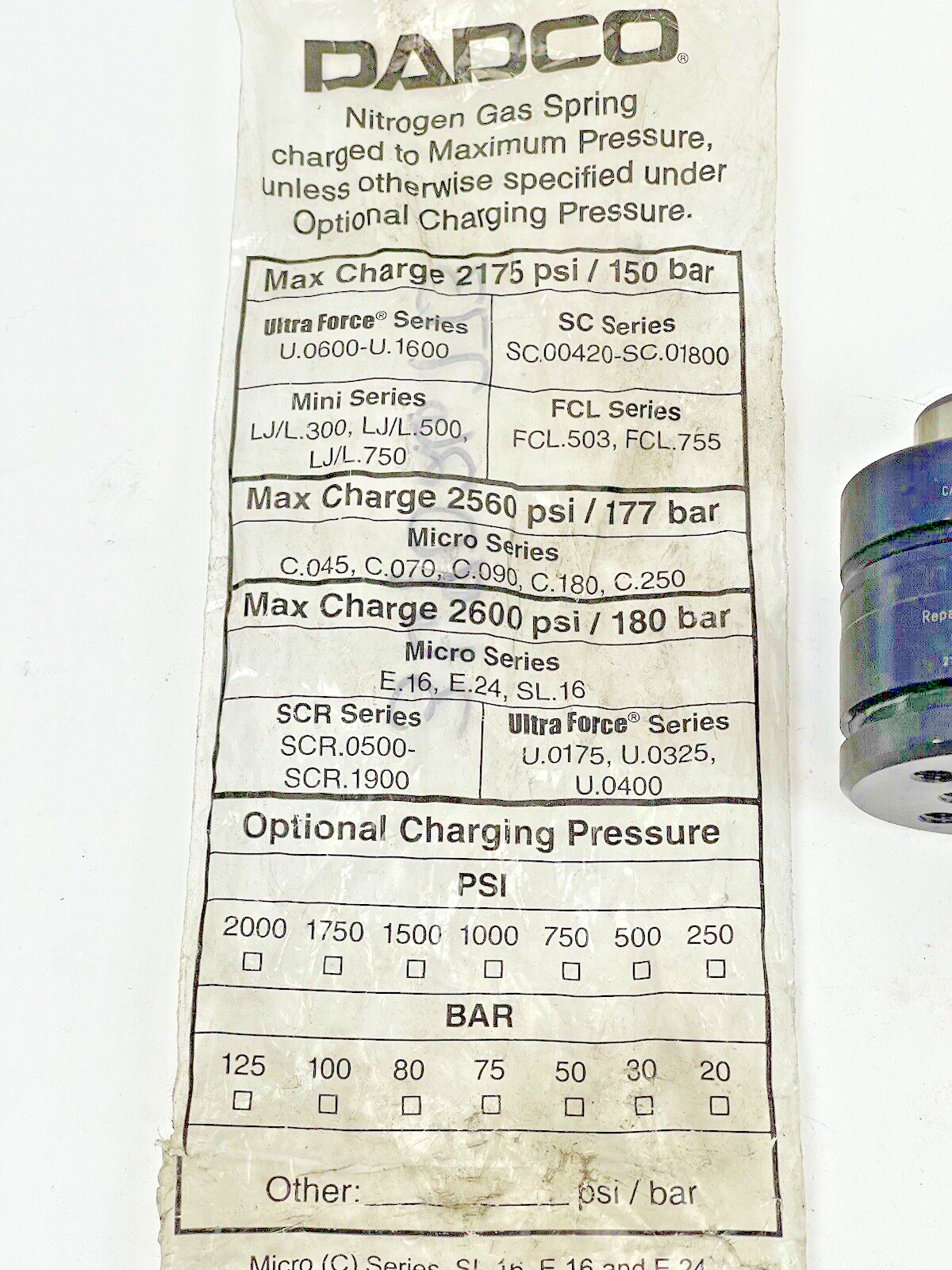 DADCO - U.1600.015 - NITROGEN GAS SPRING - 2175 PSI - 150 BAR - ULTRA FORCE