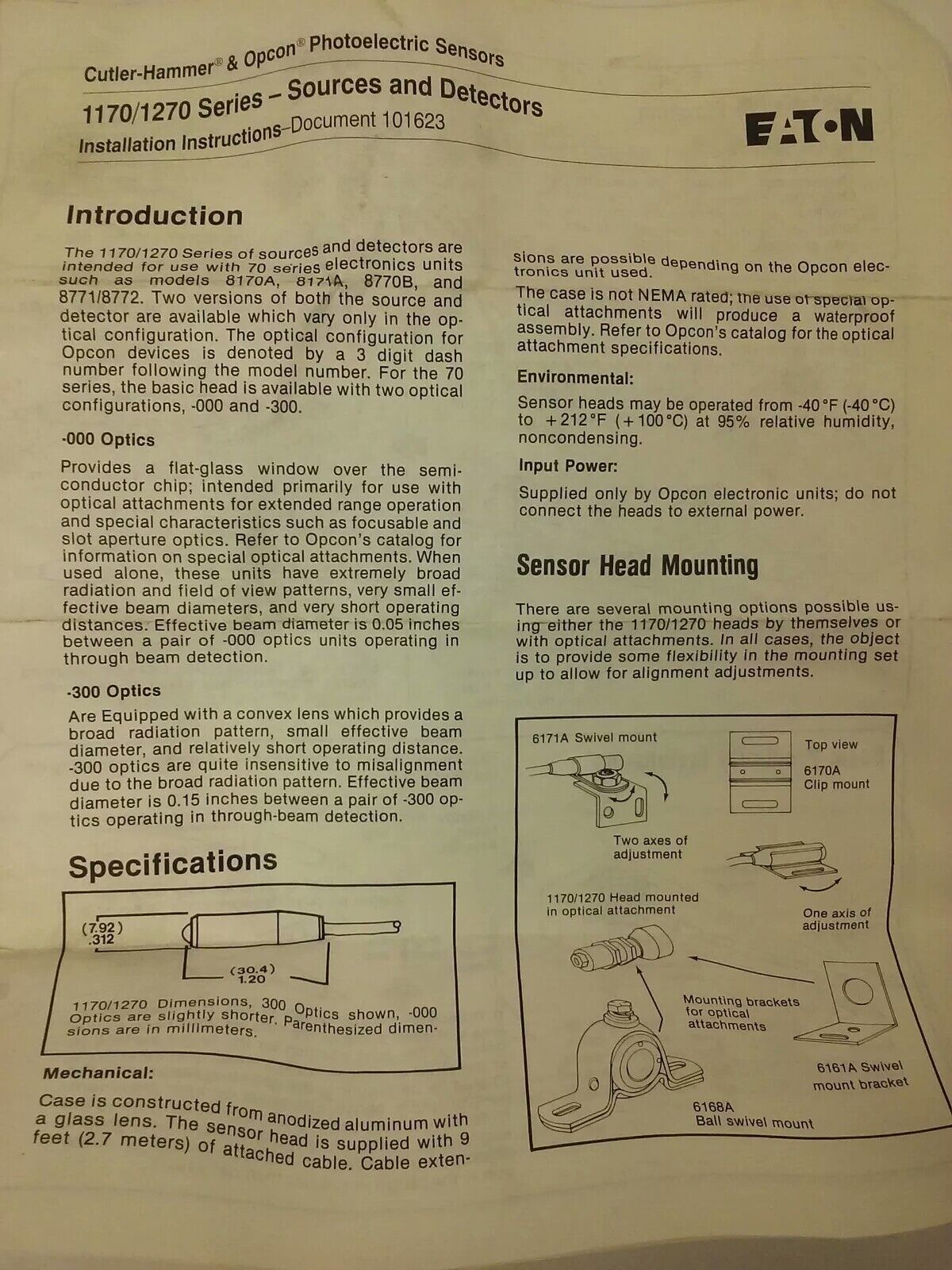CUTLER HAMMER, 9307 OPCON 1270A-300, MICRO DETECTORS, PHOTOELECTRIC SENSORS, NEW