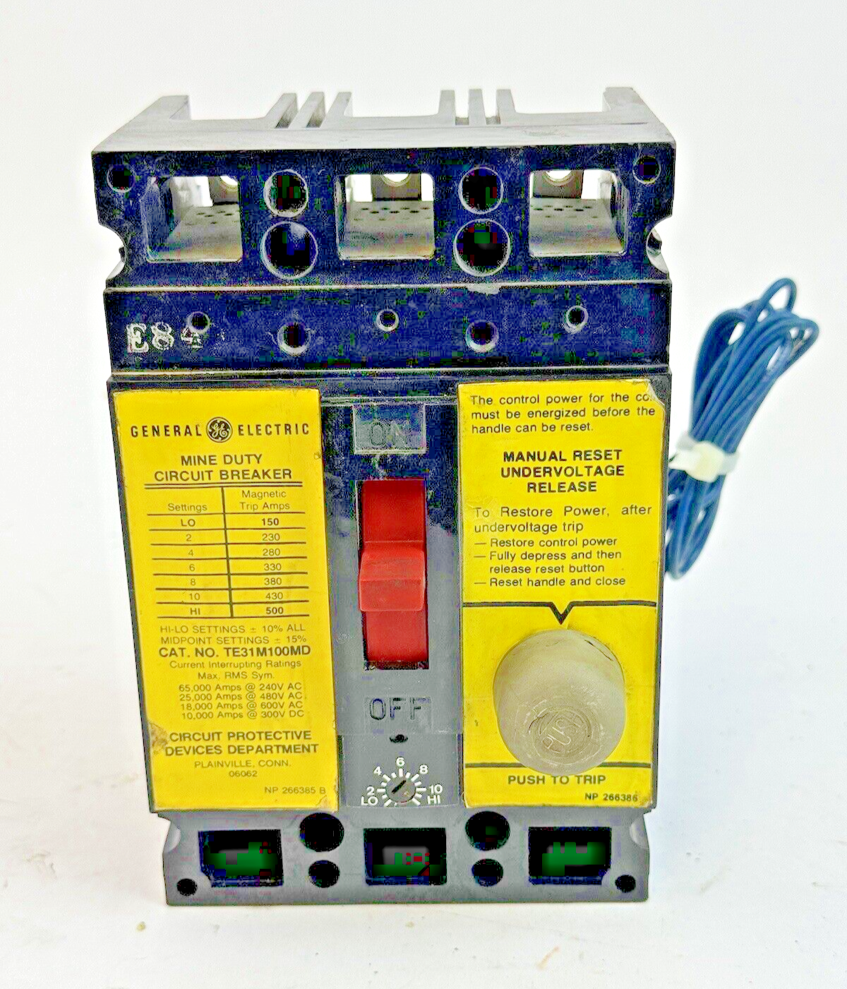 GE - TE31M100MD - MINE DUTY CIRCUIT BREAKER W/ MANUAL RESET UNDERVOLTAGE RELEASE