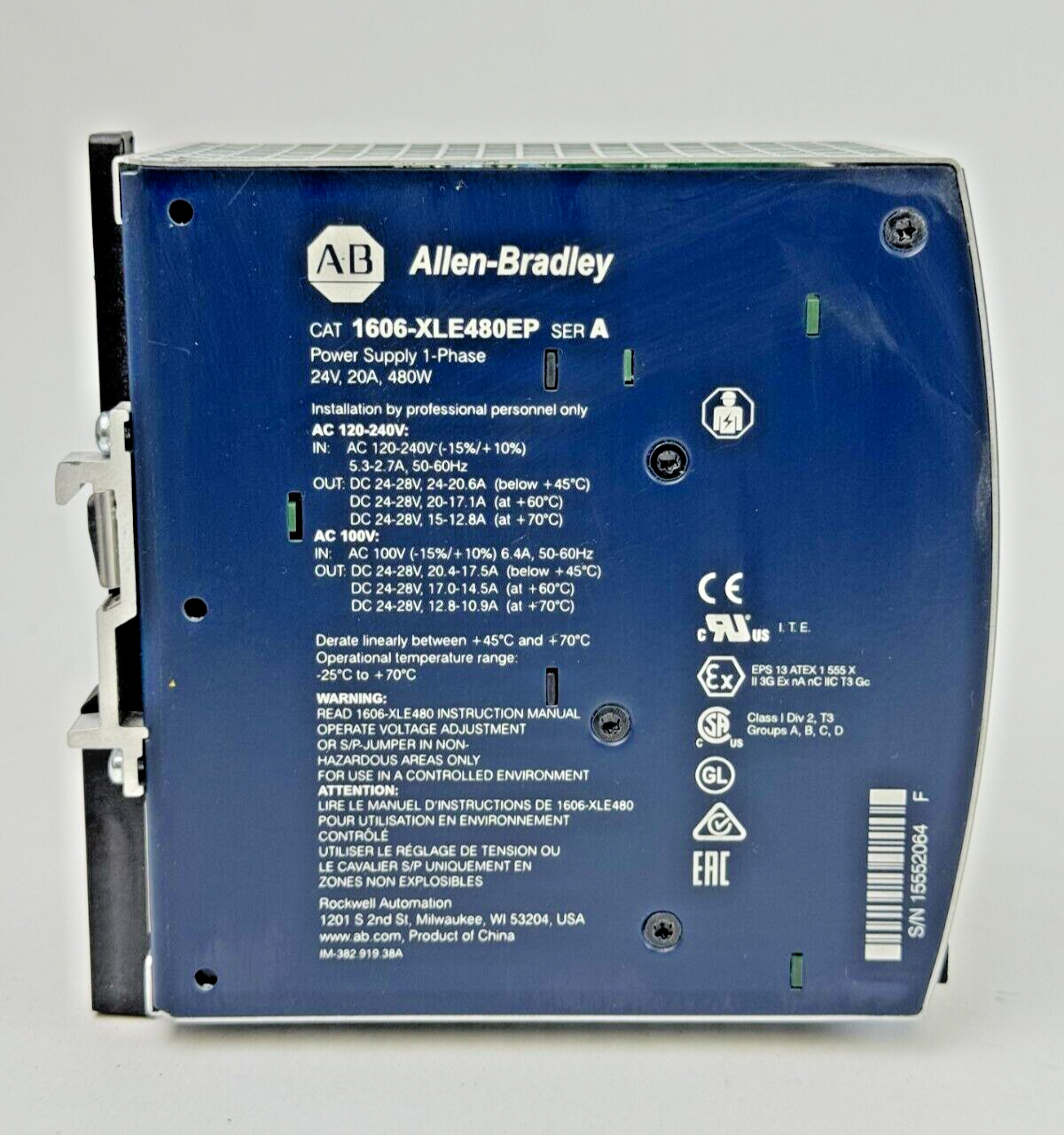 ALLEN-BRADLEY - 1606-XLE480EP SER. A - POWER SUPPLY -480 W, 24 VDC, 20A, 1 PHASE
