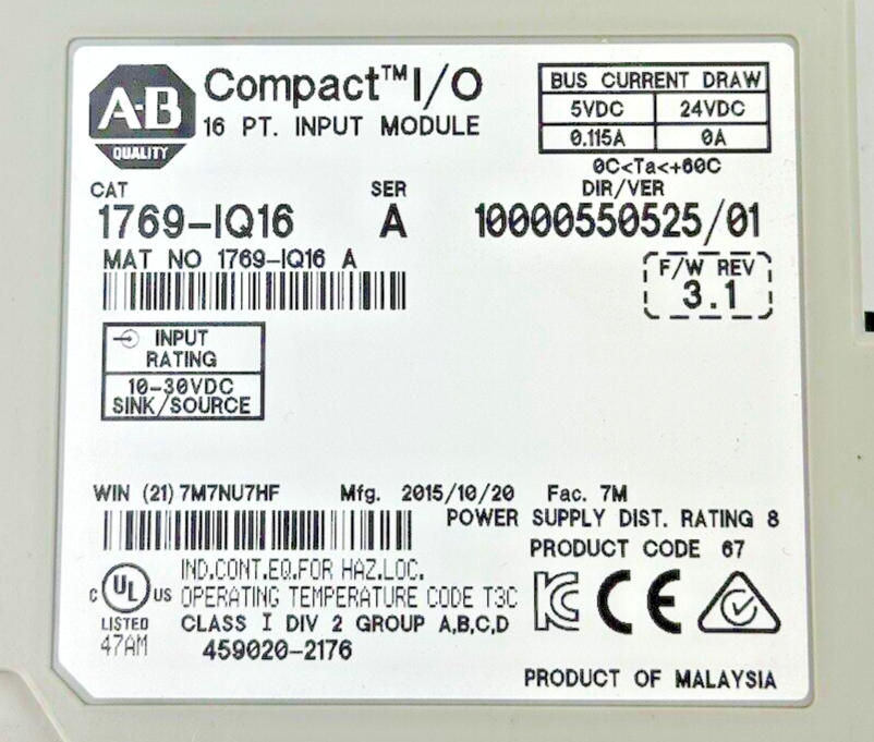ALLEN-BRADLEY - 1769-IQ16 SER. A, F/W REV 3.1, DIR/VER 10000550525/01 - 16 PT.