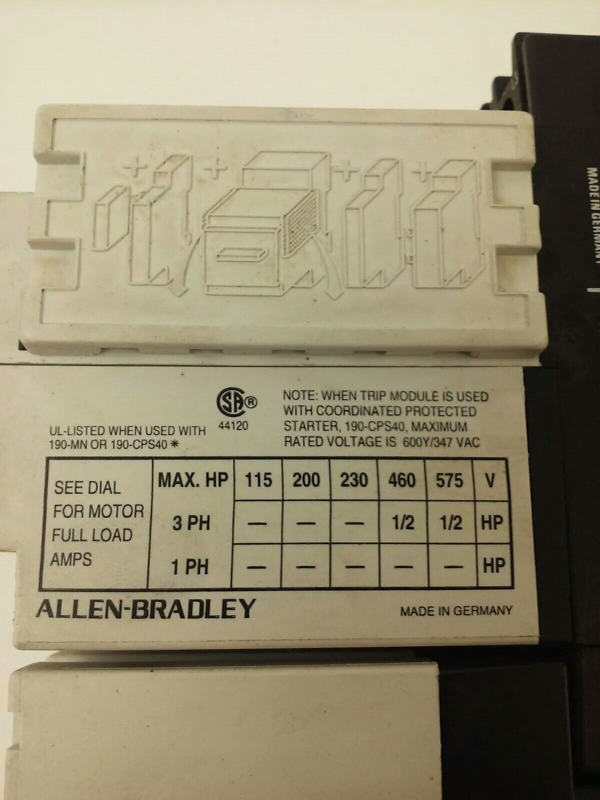 ALLEN-BRADLEY STARTER 190-MN, 190-P010, 190-A40, 190-A11, 199-FSMA1, 120V COIL
