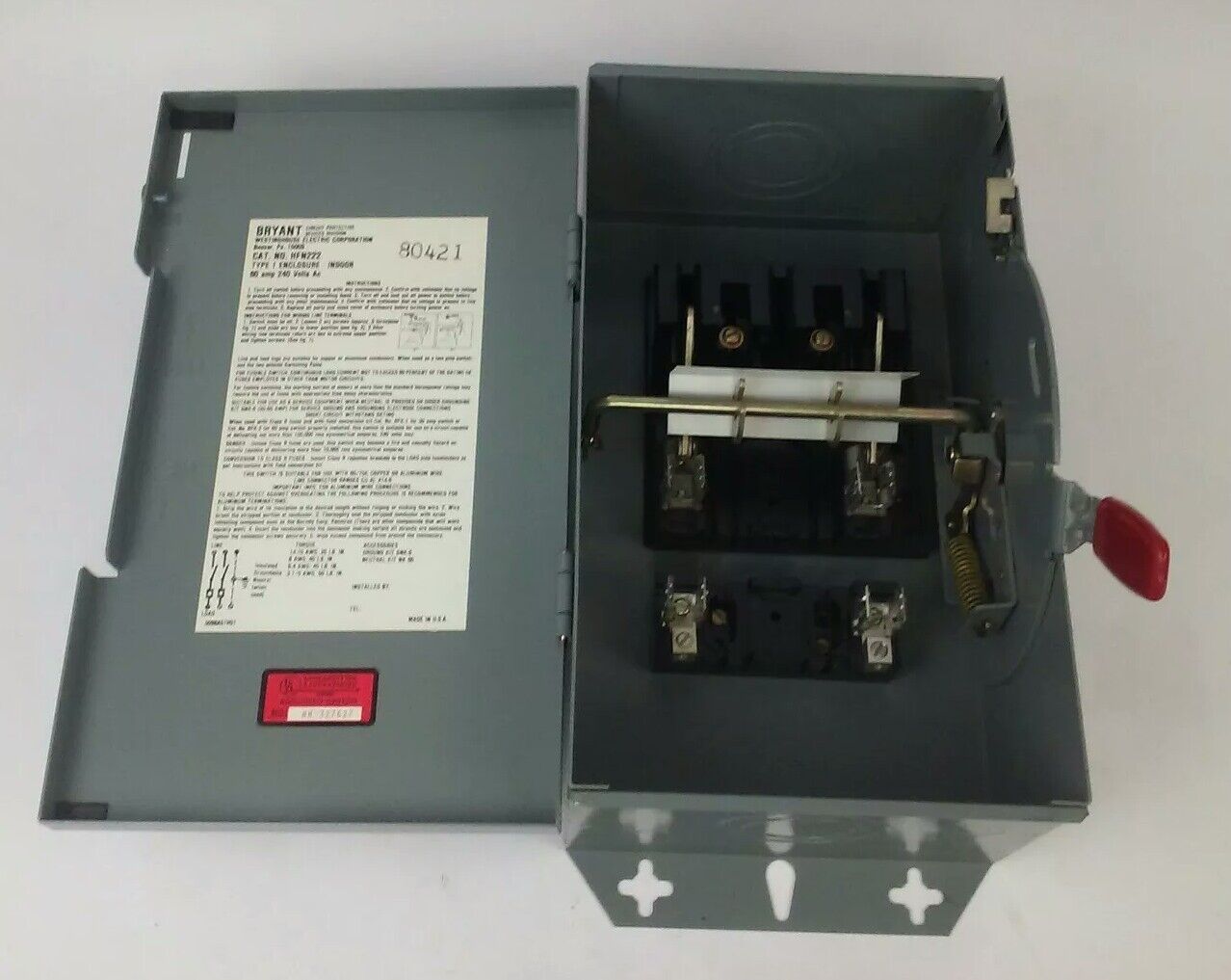 WESTINGHOUSE HFN222 FUSIBLE SAFETY SWITCH 2P, 60A, 240V, TYPE 1 INDOOR, 10HP