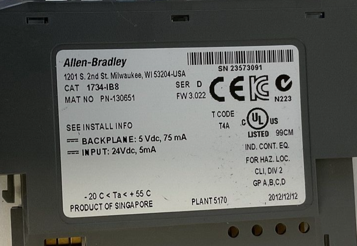 ALLEN BRADLEY 1734-IB8 INPUT MODULE 24VDC 5MA SER.D FW3.022