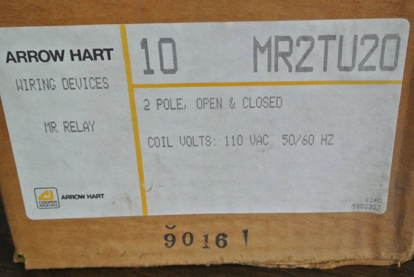 ARROW HART / COOPER MR2TU20 MR RELAY, 2 POLE, OPEN & CLOSED / 110V - BOX of 10