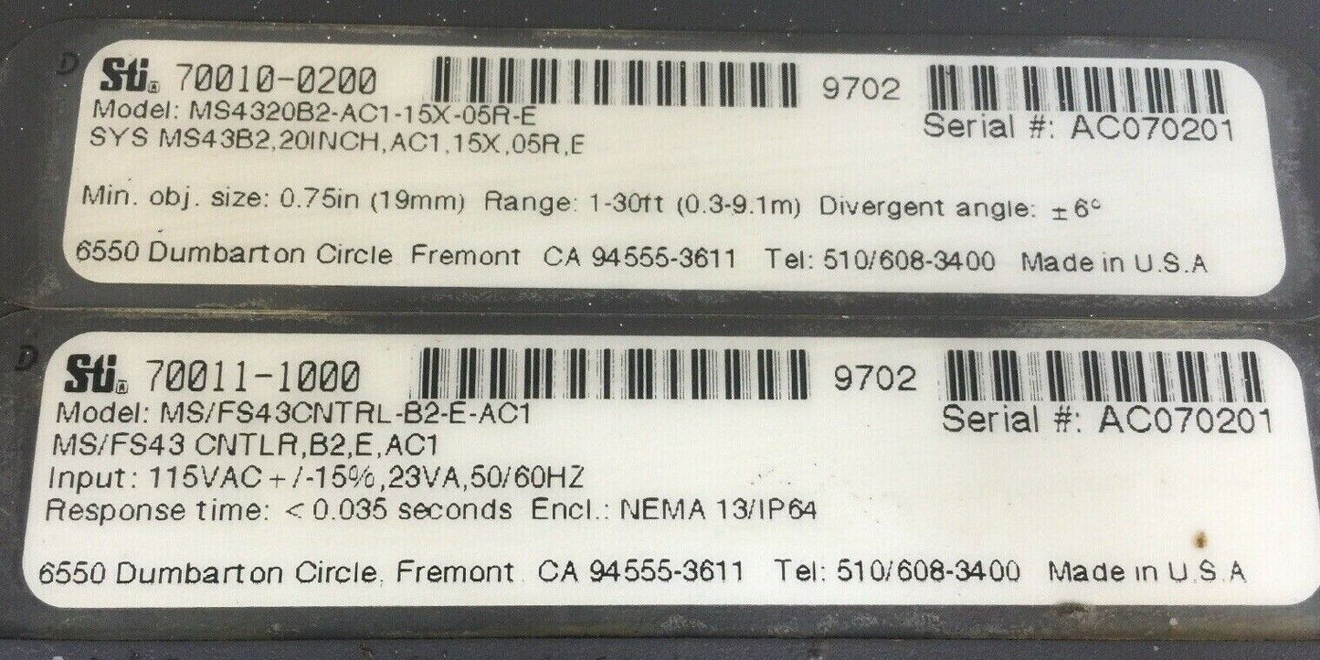 STI MS/FS43CNTRL-B2-E-AC1 LIGHT CURTAIN CONTROLLER 115VAC MS4320B2-AC1-15X-05R-E