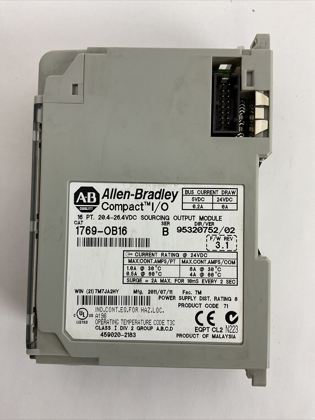 ALLEN BRADLEY 1769-OB16 SER B F/W REV 3.1 DIR/VER 95320752/02 16PT 20.4-26.4VDC