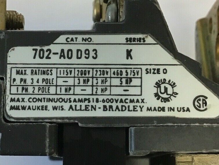 ALLEN BRADLEY 702-A0D93 OVERLOAD RELAY SER.K 575V 5HP W/70A83 220V/50HZ COIL