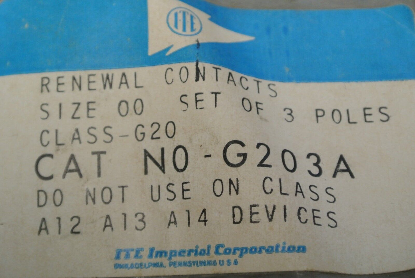 I-T-E G203A CONTACT KIT / SIZE 00 / SET of 3 POLES / NEW SURPLUS / SIEMENS GOULD