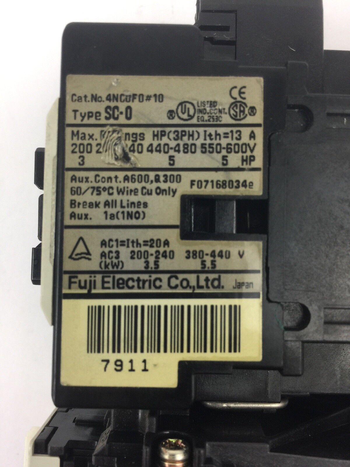 FUJI ELECTRIC 4NC0F0#10 TYPE SC-0 CONTACTOR 4NK0AJ TYPE TK-0N OVERLOAD RELAY