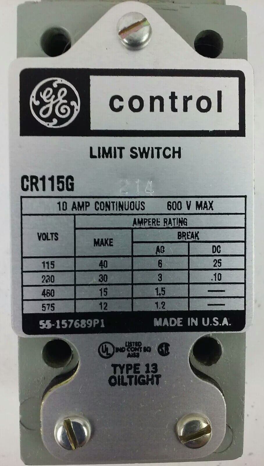 GE, CR115G214, LIMIT SWITCH, 600V MAX, 10 AMP, 600V MAX, 2 NO- 1 NC CONTACT, NEW