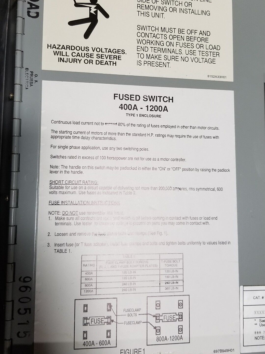 WESTINGHOUSE FDPW325MR 400 AMP 240 VOLT FUSIBLE SWITCH, 50 H.P., USED
