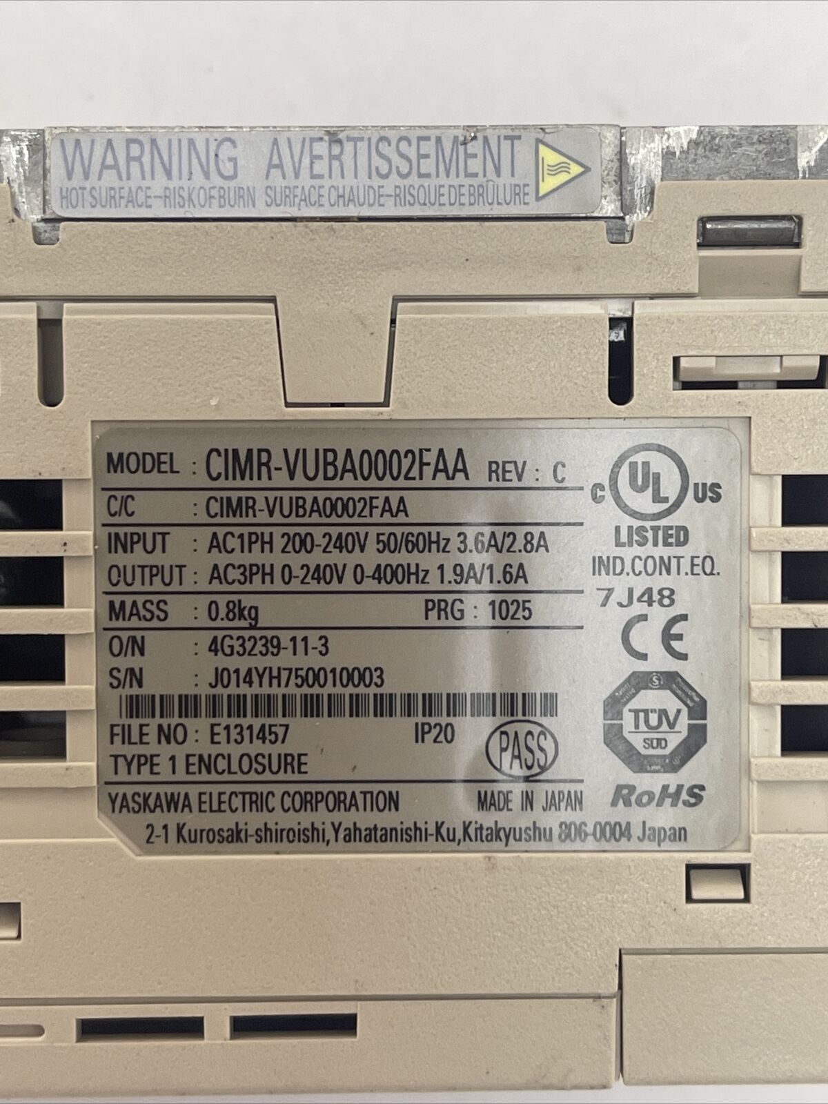 YASKAWA CIMR-VUBA0002FAA AC DRIVE REV C OUTPUT 0-240VAC 1.9/1.6A 0-400HZ INPUT