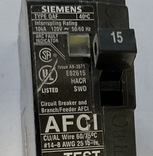 SIEMENS QAF115 CIRCUIT BREAKER 10KA 120VAC 50/60HZ