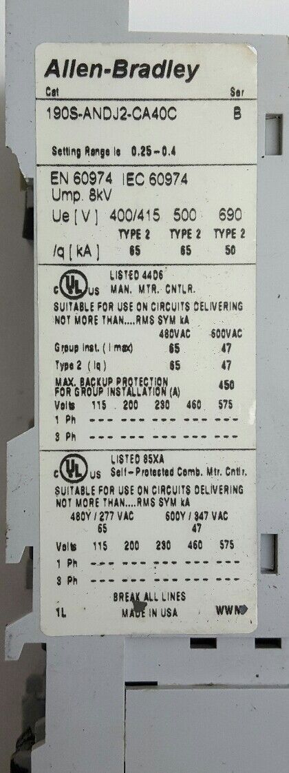 Allen Bradley Comb Starter # 190S-ADNJ2-CA40C B