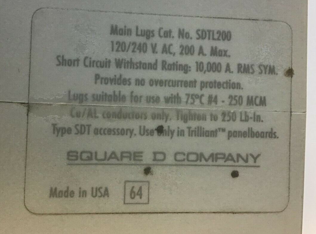 SQUARE D SDTL200 120/240VAC TRILLIANT MAIN SUB LUG 200A BREAKER