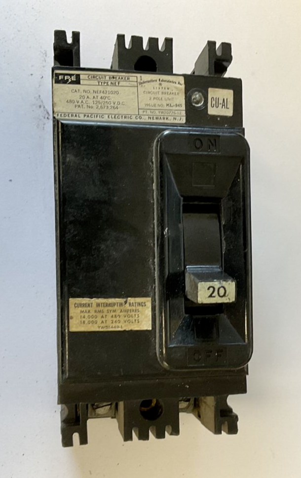 FEDERAL PPACIFIC ELECTRIC NEF421020 CIRCUIT BREAKER 480VAC 125/250VDC 20A