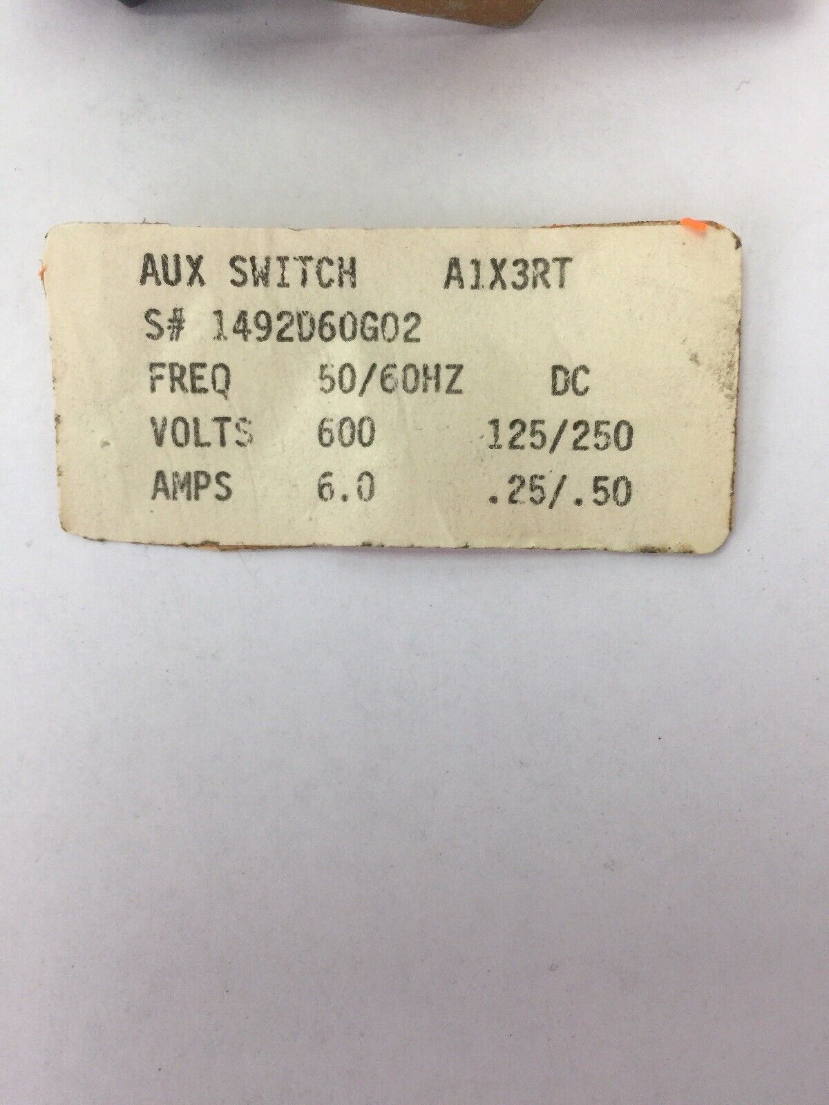 WESTINGHOUSE/CUTLER HAMMER A1X3RT AUXILIARY SWITCH 600VAC 125/250VDC 1492D60G02