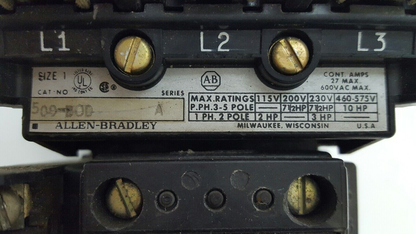 Allen-Bradley - NEMA Size 1, Cat.#509-BOD, Series A Starter - 120 VAC Coil