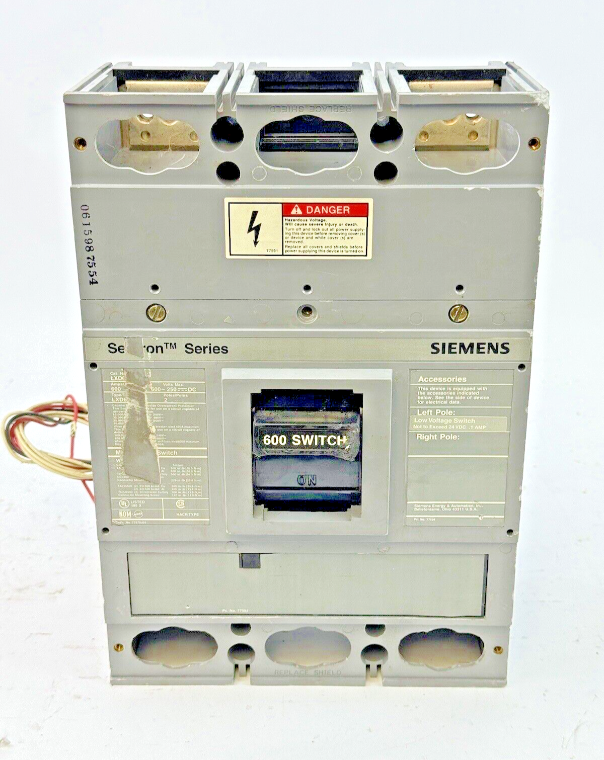 SIEMENS - LXD62S600A - SWITCH W/ A01JLDLV LOW VOLT AUX SWITCH 2 POLE/600A/600VAC
