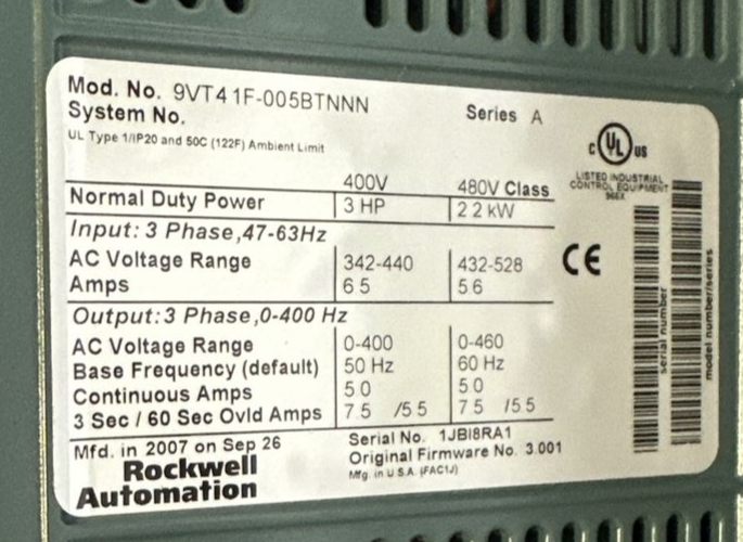 ROCKWELL AUTOMATION VTAC 9 HVAC DRIVE 9V141HRNB30 S7-639A-V9-1 460VAC 1HP 3PH