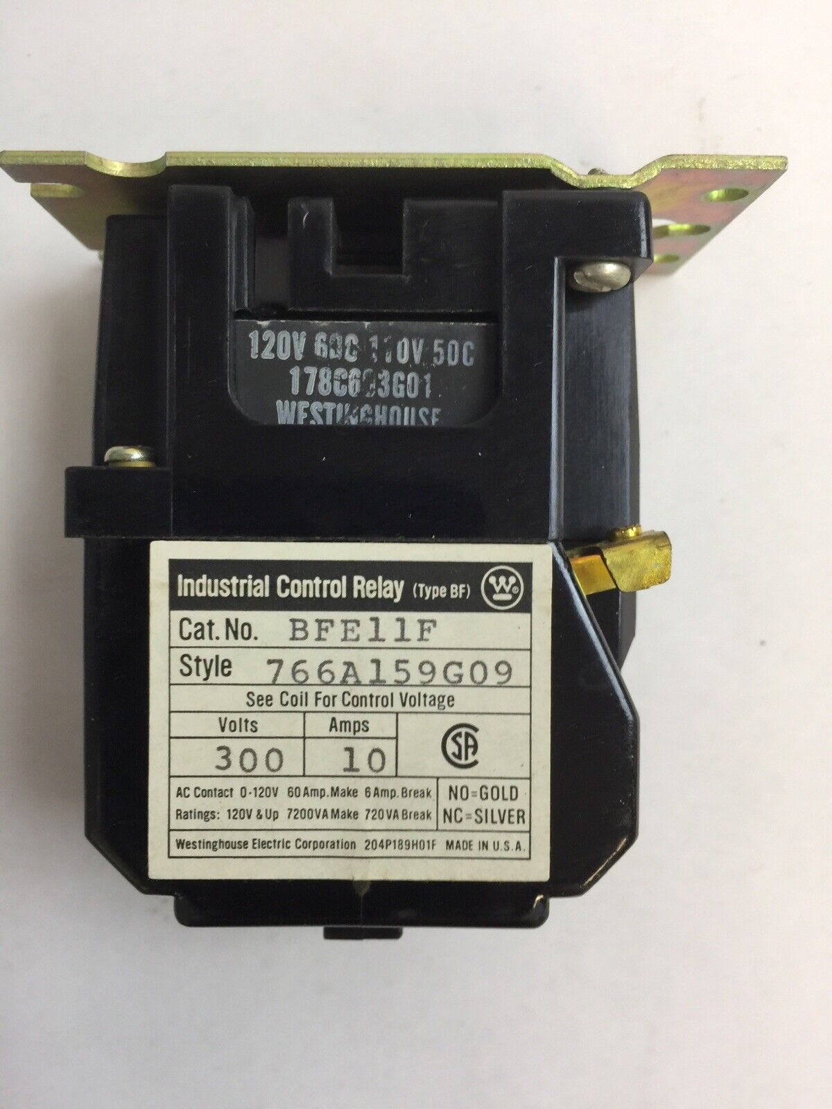 WESTINGHOUSE BFE11F CONTROL RELAY 300VAC 10A 766A159G09 COIL 120V 60C 178C603G01