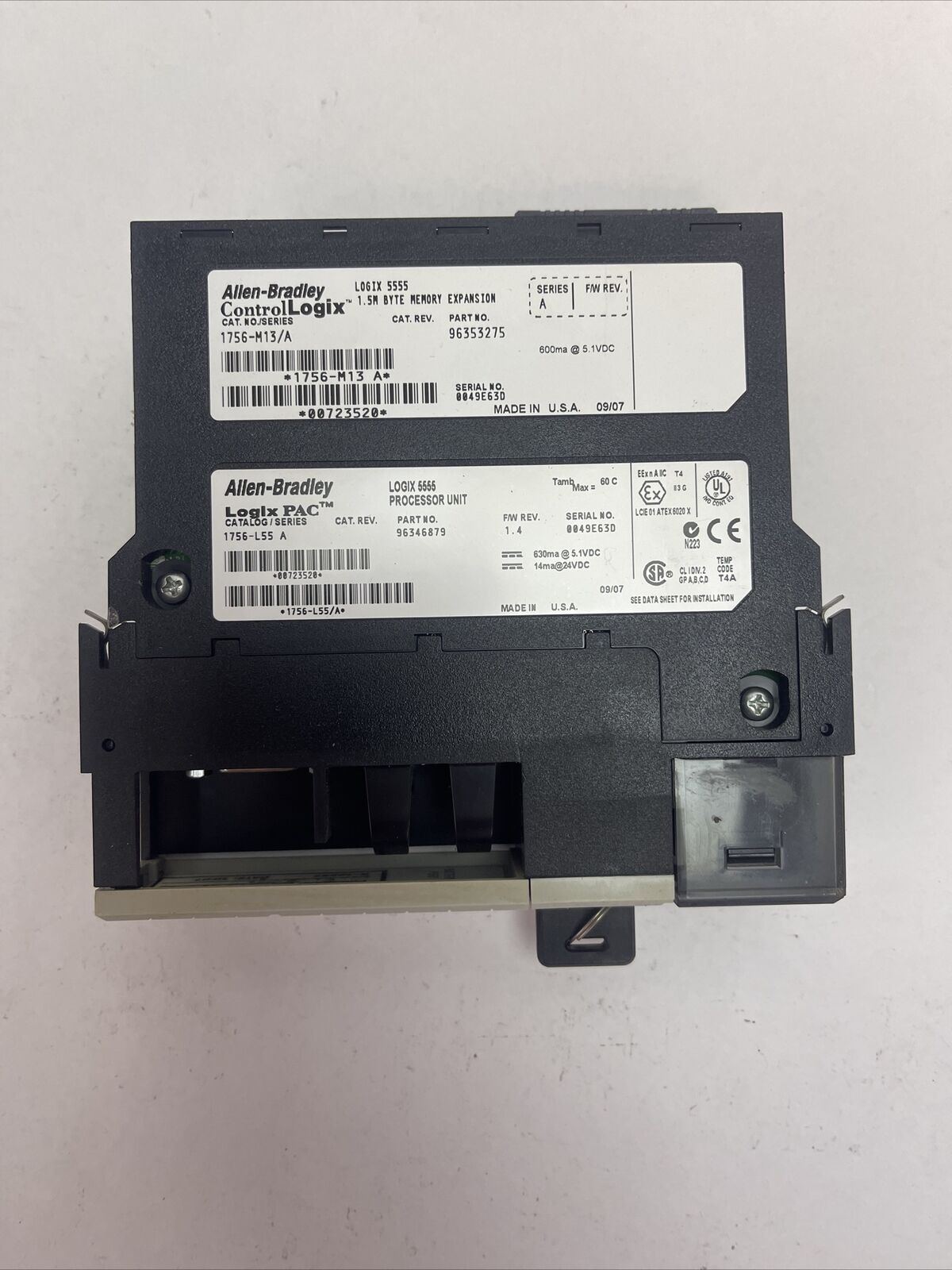 ALLEN BRADLEY 1756-L55 SER A F/W REV 1.4 LOGIX PROCESSOR UNIT 1756-M13 SER A