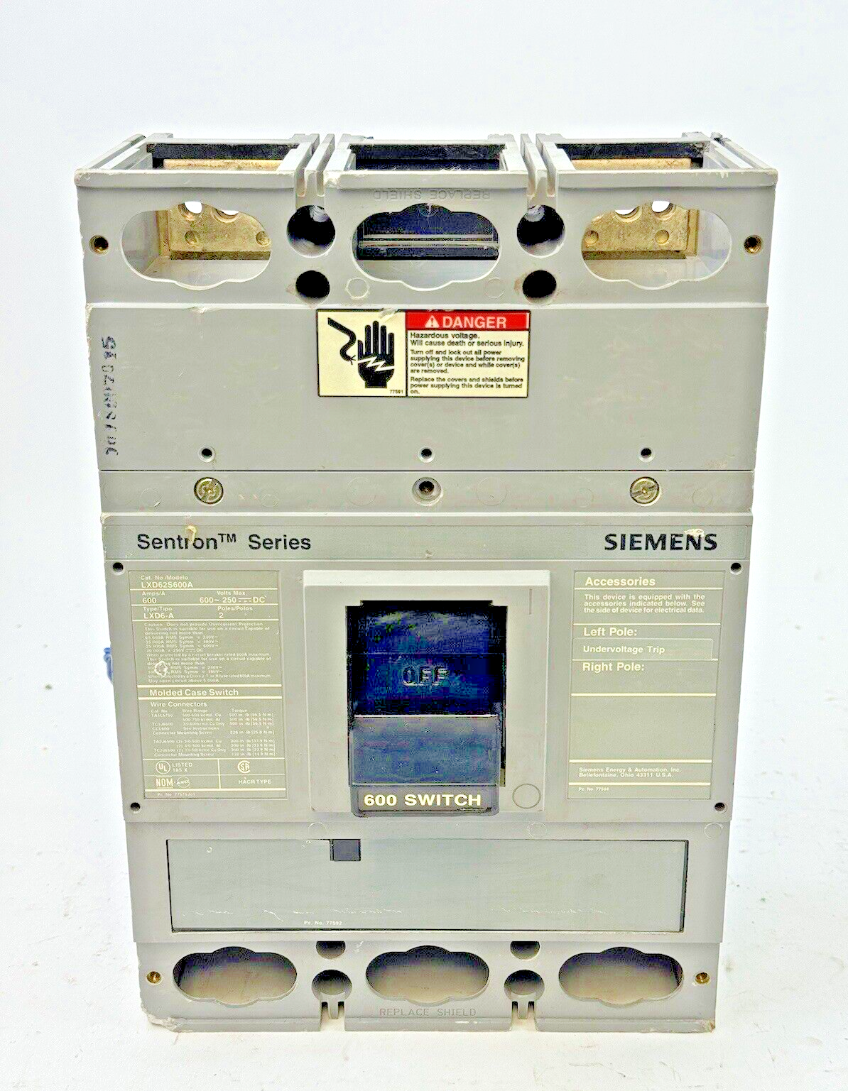 SIEMENS - LXD62S600A - SWITCH W/ U10JLD6 UNDERVOLTAGE TRIP - 2 POLE/600A/600VAC