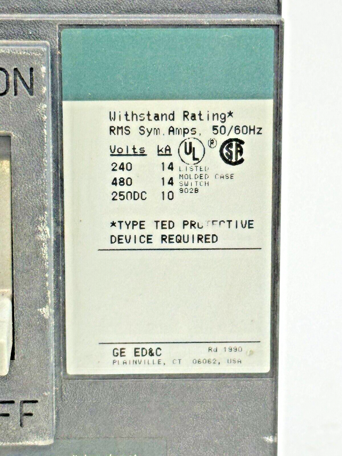 GE - TED134YT100A - MOLDED CASE SWITCH - 3 POLE, 100 A, 480 VAC