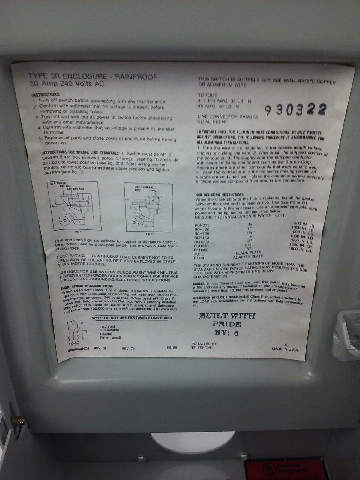 WESTINGHOUSE RHFN321 SAFETY SWITCH 30A, 240V, 3P FUSIBLE, TYPE 3R RAINPROOF, NEW