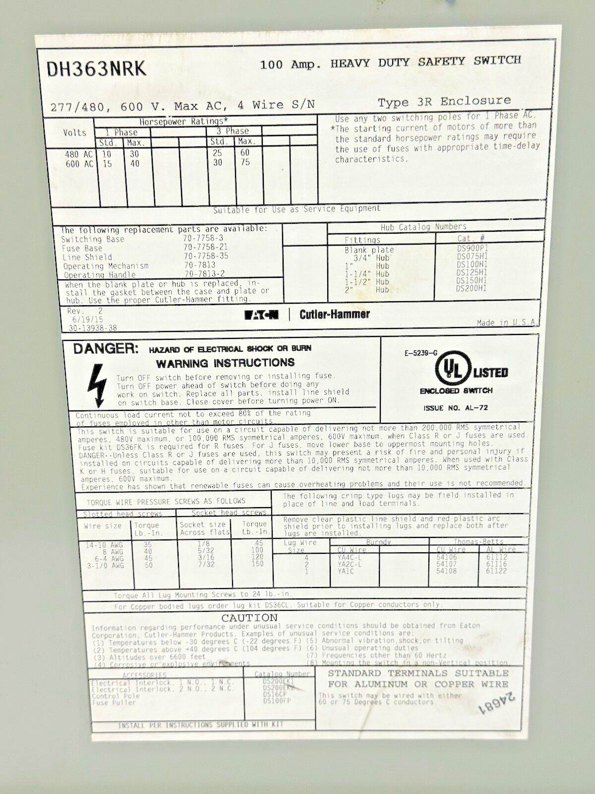 EATON - DH363NRK - RAINPROOF FUSIBLE SAFETY SWITCH - 100A/600VAC/3 POLE/TYPE 3R