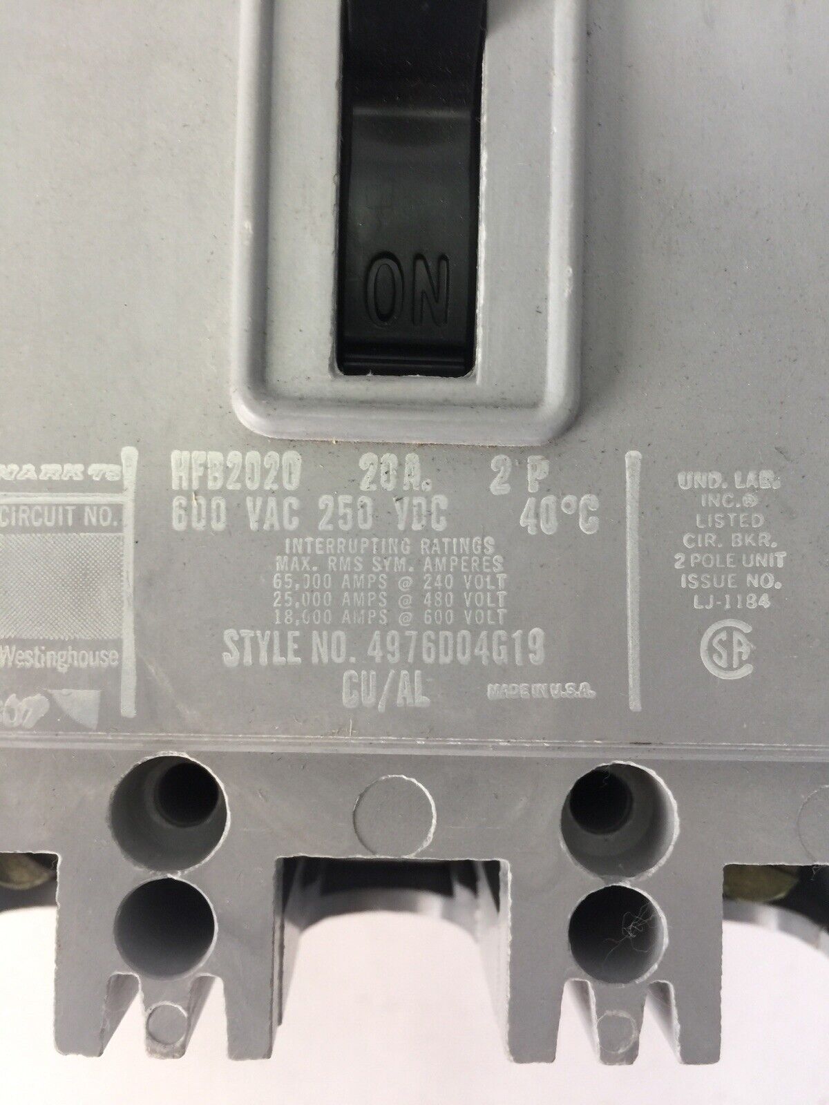 WESTINGHOUSE HFB2020 CIRCUIT BREAKER 20AMP 600VAC 250VDC 2P 4976D04G19